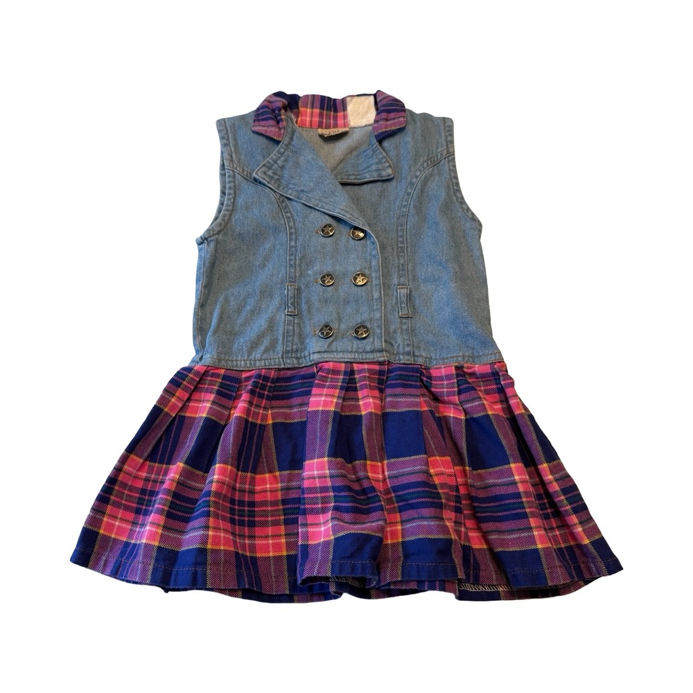 Rachels Kids Vintage Denim Plaid Dress Girls Size 4 Blue Pink Drop Waist Pleated